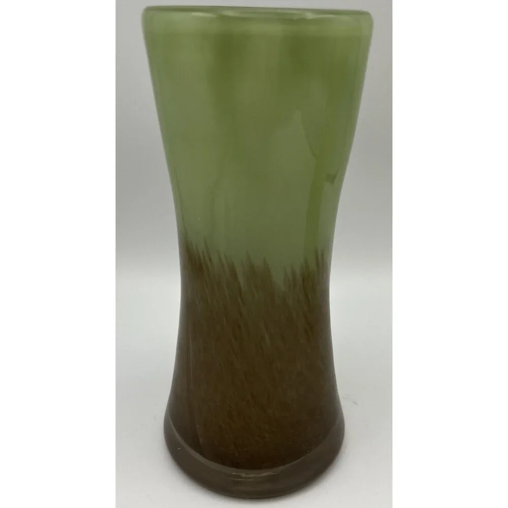 Pair of Green & Brown & Yellow Swirled Modern Art Glass Hour Glass Vases 6